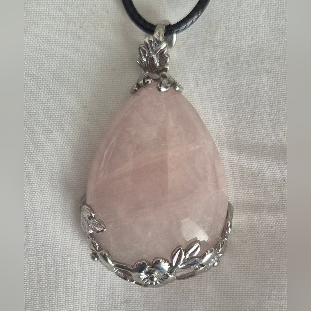 Rose Quartz Teardrop Pendant Necklace - Silver Floral Setting